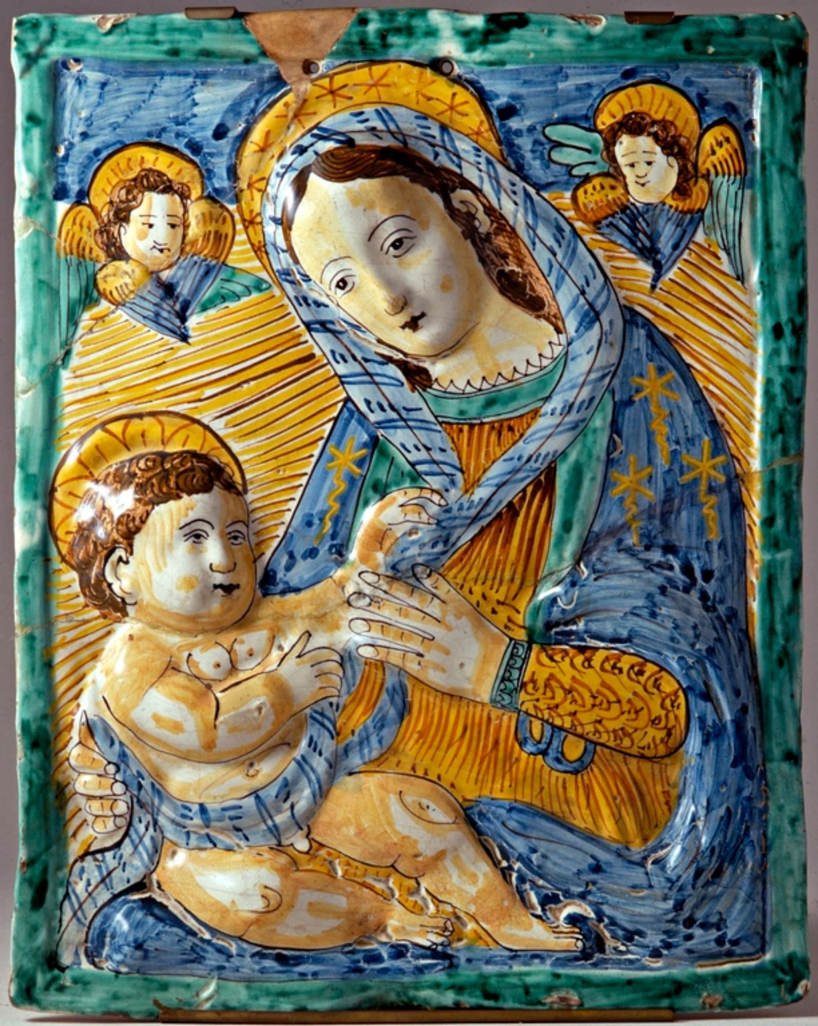 Targa con Madonna con Gesù Bambino e angelo